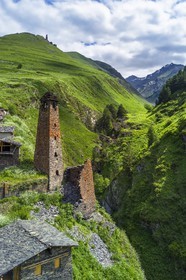 Georgia, Kakheti, Tusheti National Park, Alazani River Valley in the mountains of Pirikiti, village of Dartlo overlooked by Kvavlo (aerial view)