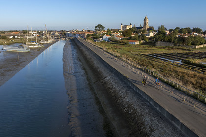 France, Vendée (85), île de Noirmoutier, Noirmoutier-en-l'Ile, les marais du Müllembourg le long de la chaussée Jacobsen du canal d'accès au port, le château médiéval et l'église Saint-Philbert en arrière plan (vue aérienne)