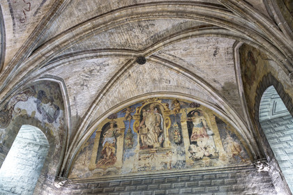 France, Vaucluse (84), Avignon, Palais des Papes classé Patrimoine mondial de l'UNESCO, salle des gardes du Palais Neuf, cul-de-lampe des structures gothiques du XIVème siècle et peintures murales du XVIIème siècle crées pour les légats du Pape