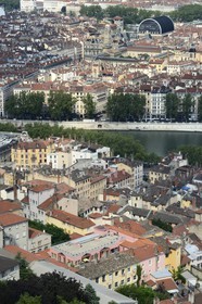 France, Rhone, Lyon, historical site listed as World Heritage by UNESCO, the Vieux Lyon (Old Town) in the foreground, the Saone river, the City Hall on the Place des Terreaux and the Opera modern black roof in the background