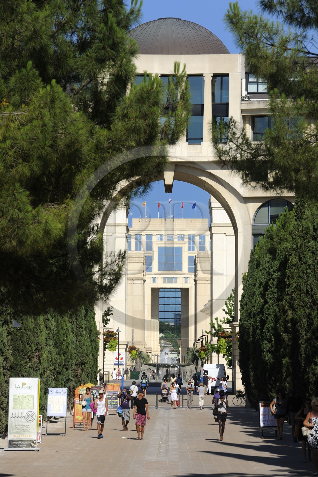 France, Herault, Montpellier, Antigone District by the architect Ricardo Bofill, place du Millénaire, a pedestrian axis links the square to the river Lez eastward and to the historic center westerly