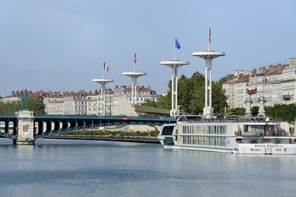 France, Rhone, Lyon, Quai Claude Bernard on Rhone river, the swimming pool and the University bridge