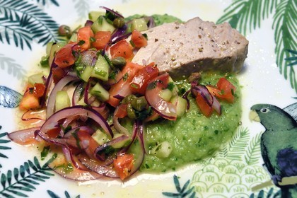 France, Mild steamed back of tuna virgin sauce with lime citrus fruit and zucchini mousseline with lime citrus fruit