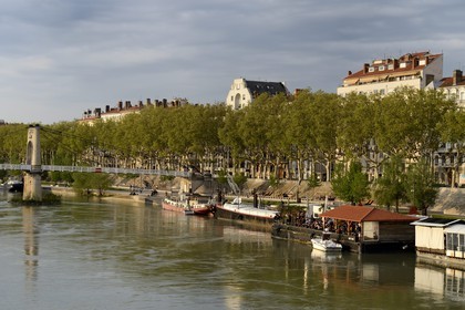 France, Rhone, Lyon, Rhone river banks, barge Cafe moored at quai General Sarrail and the passerelle du College