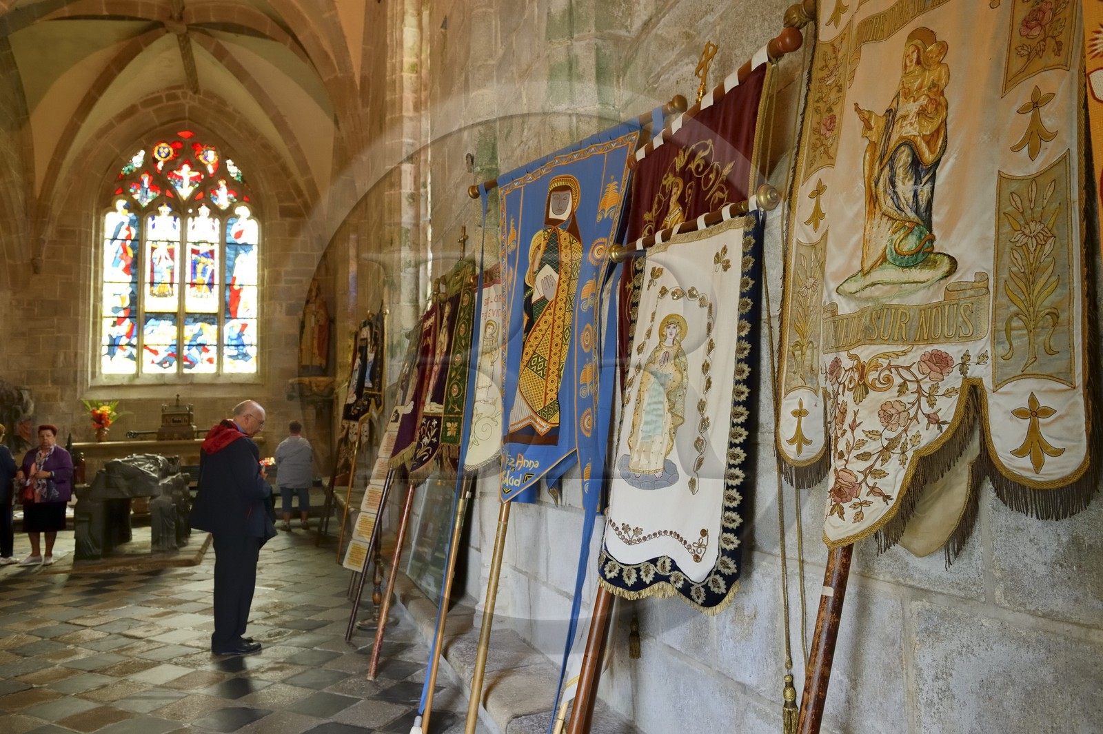 France, Finistere, Locronan, labelled Les plus Beaux Villages de France (The Most Beautiful Villages of France), the banners of neighboring parishes in Peniti chapel adjacent to the Saint Ronan church during the religious ceremony that precedes the procession of the Tromenie