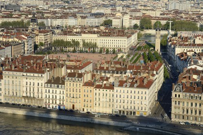 France, Rhone, Lyon, historical site listed as World Heritage by UNESCO, la place Bellecour and the bell tower of the Place Antonin-Poncet in the district of La Presqu'Ile between the Saone and Rhone