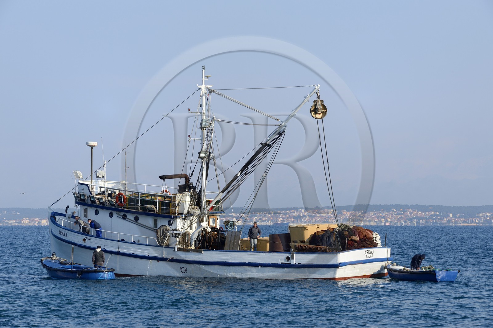 Croatie, Dalmatie, côte dalmate, Ile d’Ugljan, Preko, retour de pêche au thon, Zadar en arrière plan