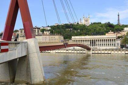 France, Rhone, Lyon, historical site listed as World Heritage by UNESCO, Vieux Lyon (Old Town), the courthouse footbridge on the Saone, the historical courthouse and the Notre Dame de Fourviere basilica in the background