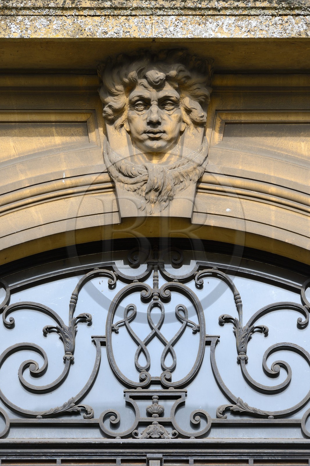 France, Moselle, Fensch Valley, Hayange, former major administrative offices Wendel, figure of the Wendel family above a door