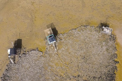 France, Charente Maritime, Port des Barques, Ile Madame, huts on stilts called carrelets at low tide (aerial view)
