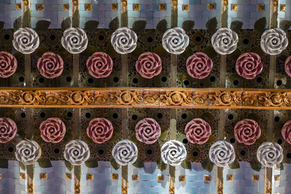 Spain, Catalonia, Barcelona, Palau de la Musica Catalana (Catalan Music Palace), concert hall designed by the architect of Catalan modernism Lluis Domènech i Montaner, a UNESCO World Heritage Site, ceilings decorated with red and white ceramic roses