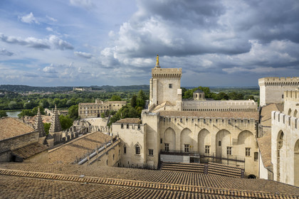 France, Vaucluse (84), Avignon, Palais des Papes classé Patrimoine mondial de l'UNESCO, le Fort Saint-André à Villeneuve-lès-Avignon en arrière plan