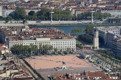 France, Rhone, Lyon, historical site listed as World Heritage by UNESCO, the place Bellecour in the district of La Presqu'Ile and the Rhone river in the background