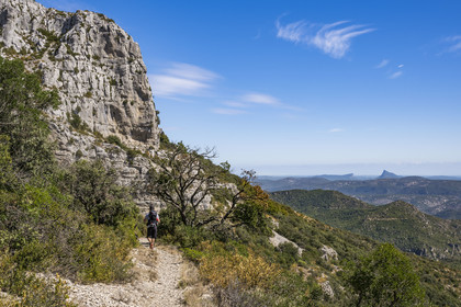France, Herault, the Causses and the Cevennes, Mediterranean agro pastoral cultural landscape, listed as World Heritage by UNESCO, Montpeyroux, hikers on the path from Mont Saint Baudille towards Saint-Guilhem-le-Désert, the Pic Saint-Loup facing the Hortus in the background