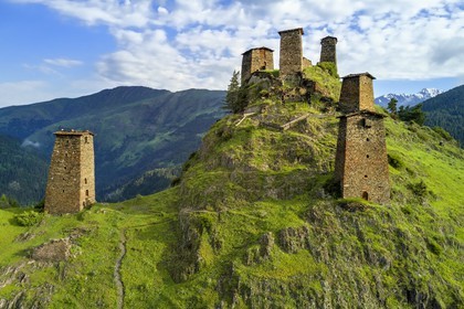 Georgia, Kakheti, Tusheti region, Omalo, the fortress of Keselo in Zemo (upper) Omalo served as a refuge for locals in wartime, medieval fortified towers (aerial view)