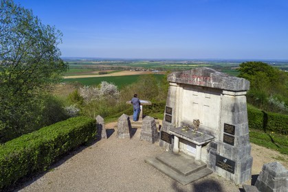 France, Meuse, Lorraine Regional Park, Cotes de Meuse, Les Eparges, traces of fighting of one of the bloodiest battles of the First World War, shell holes and point X Monument in memory of  Those who have no grave (aerial view)