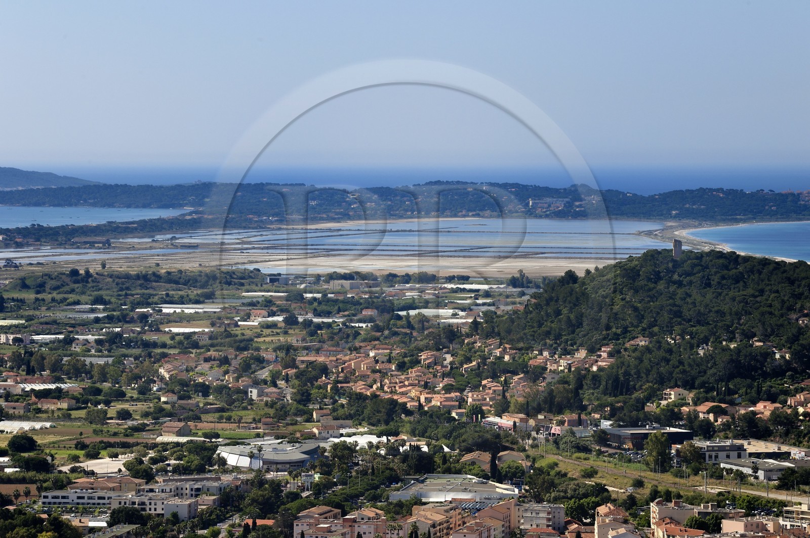France, Var, Hyeres, Giens peninsula tombolo and Notre-Dame-de-Consolation chapel right, Hyères in the foreground