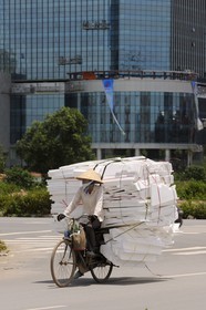 Vietnam, Hanoï, nouveau quartier de Cau Giay, cycliste transportant du polystyrène
