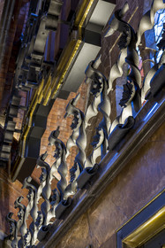 Spain, Catalonia, Barcelona, the Güell Palace (Palau Güell) built between 1886 and 1891 by the Catalan modernist architect Antoni Gaudi, a UNESCO World Heritage site, wrought iron work on window decorations