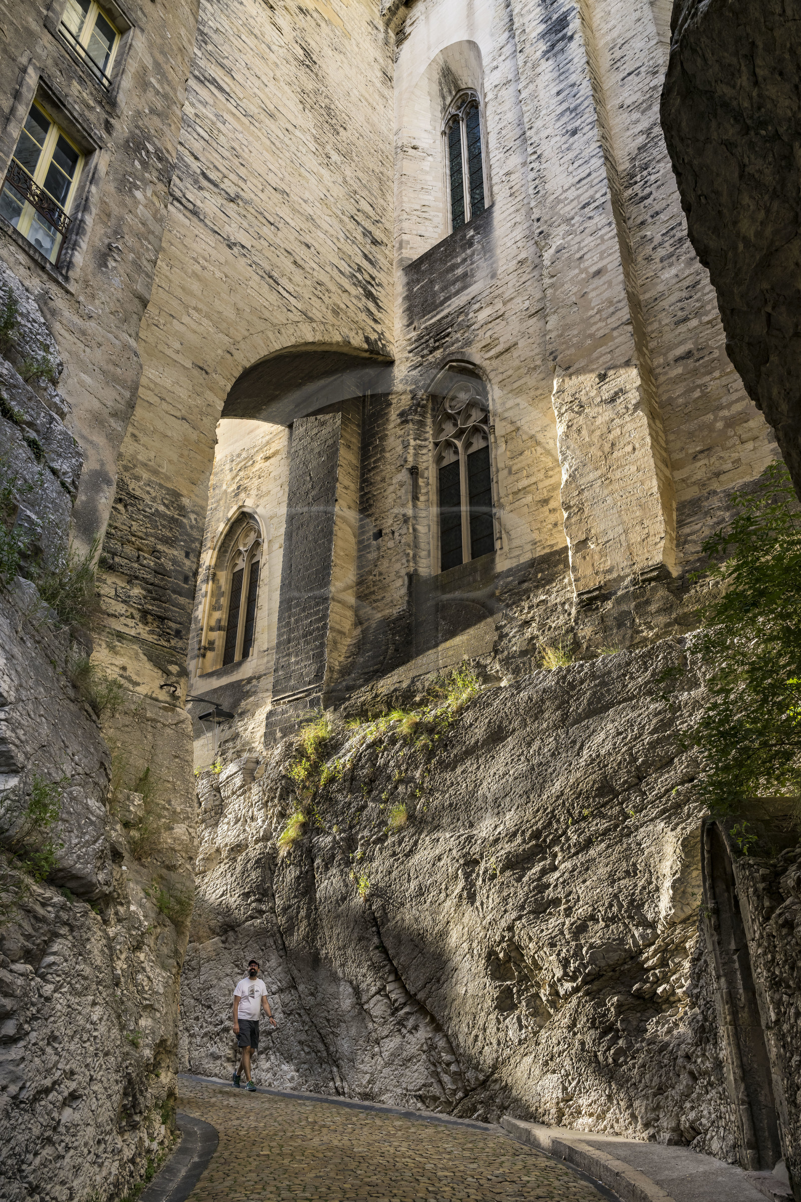 France, Vaucluse (84), Avignon, la rue de la Peyrolerie, passage creusé dans le roc au pied du Palais des Papes classé Patrimoine mondial de l'UNESCO