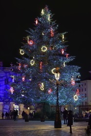 France, Meurthe-et-Moselle, Nancy, place Stanislas (former Place Royale) during the feast of Saint-Nicolas, listed as World Heritage by UNESCO, the large decorated Christmas tree and the Town Hall in the background