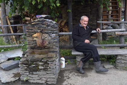Georgia, Kakheti, Tusheti region, Omalo, fountain in Zemo (upper) Omalo