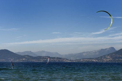 France, Var, Hyeres, Giens peninsula, Almanarre beach, Ariane Imbert on kitefoil, Kitesurf triple champion of France and Vice-World Champion of Race 2014