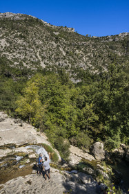 France, Herault, the Causses and the Cevennes, Mediterranean agro pastoral cultural landscape, listed as World Heritage by UNESCO, La Vis river gorges, Saint Maurice Navacelles, Cirque de Navacelles, waterfall on La Vis river at the crossing point of the meander