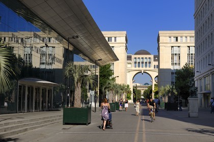 France, Herault, Montpellier, Antigone District by the architect Ricardo Bofill, Olympic-size swimming pool and the allee de Délos