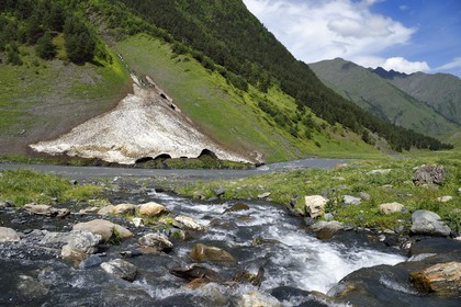 Georgia, Kakheti, Tusheti National Park, Alazani River Valley in the mountains of Pirikiti, firn still present late June