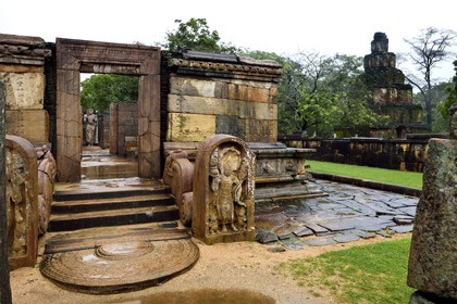 Sri Lanka,  North Central province, Polonnaruwa, the former capital of the country (11th to 13th century) listed as World Heritage by UNESCO, Hatadage (former Temple of the Tooth) and Satmahal Prasada in the background right