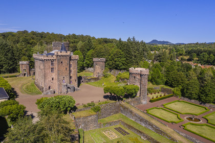 France, Puy de Dome, Pontgibaud, the 12th century fortress Chateau-Dauphin (aerial view)