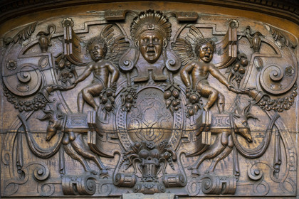 France, Vaucluse, Avignon, Saint Pierre (St. Peter's) Basilica (15th and 16th centuries), detail of the monumental walnut doors by Antoine Vollard (1551)