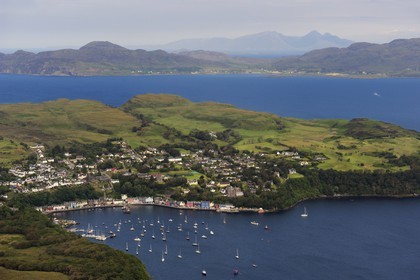 United Kingdom, Scotland, Highland, Inner Hebrides, Isle of Mull, the main town Tobermory and its harbour (aerial view)