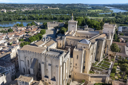 France, Vaucluse, Avignon, Palais des Papes (Palace of the Popes) listed as World heritage by UNESCO, and the arms of the Rhone river in the background, the south-eastern facade (aerial view)