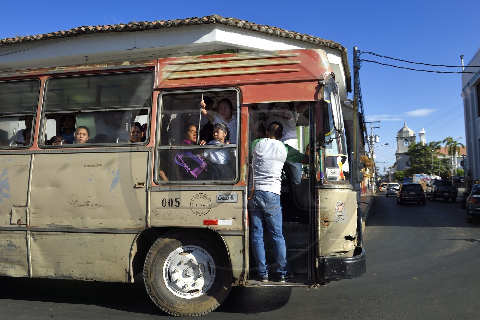Nicaragua, Leon, bus in Ruben Dario street in the historic center