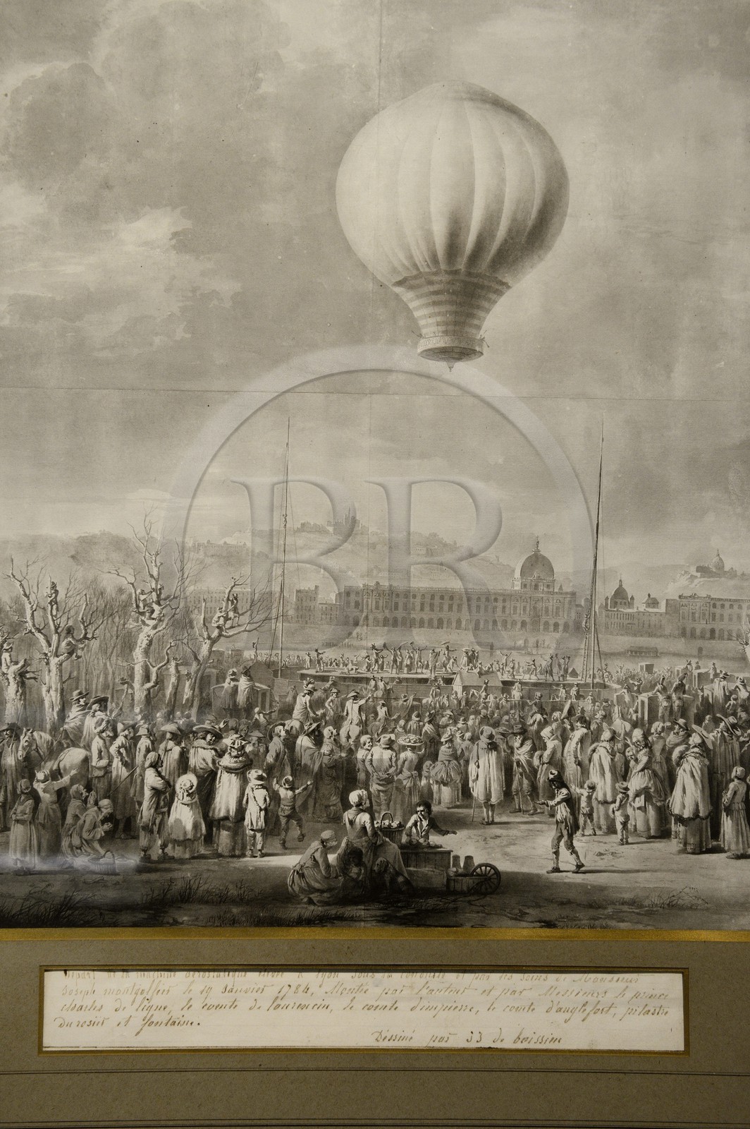 France, Rhône (69), Lyon, site historique classé Patrimoine Mondial de l'UNESCO, Vieux Lyon, musées Gadagne, Musée d'histoire de la ville de Lyon, gravure représentant l'ascension de Joseph Mongolfier 17 janvier 1784 à Lyon