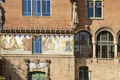 Spain, Catalonia, Barcelona, El Guinardo district, former Hospital de la Santa Creu i de Sant Pau listed as UNESCO World Heritage, modernist style by architect Domenech i Montaner, today a museum and a cultural center, administration building
