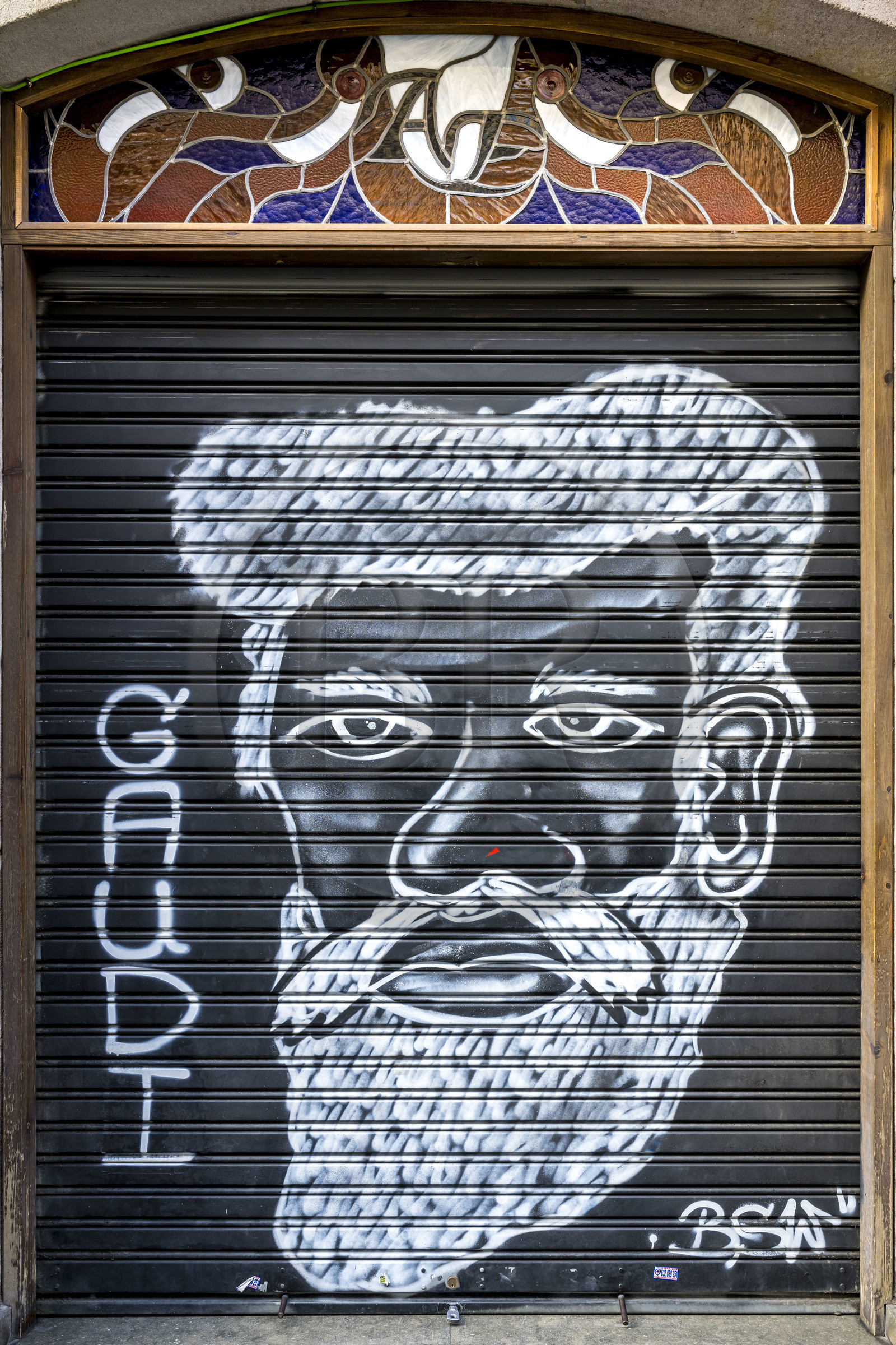 Spain, Catalonia, Barcelona, mural depicting Catalan modernist architect Antoni Gaudi
