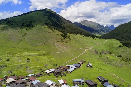 Georgia, Kakheti, Tusheti National Park, village of Shenako (aerial view)