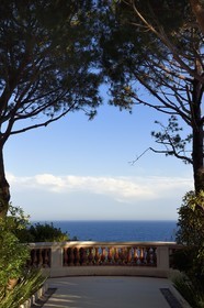 France, Alpes Maritimes, Saint Jean Cap Ferrat, balcony overlooking the sea in the Grand Hotel du Cap Ferrat gardens, a 5 star palace from Four Seasons Hotel