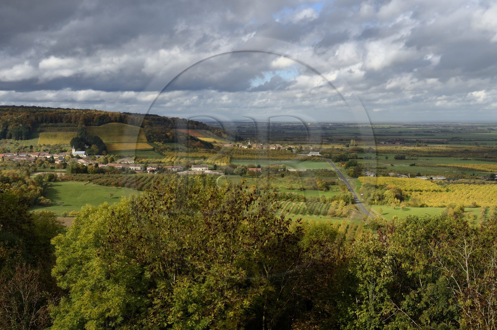 France, Meuse (55), Parc régional de Lorraine, Cotes de Meuse, le village de Viéville-sous-les-Côtes et la plaine de la Woëvre
