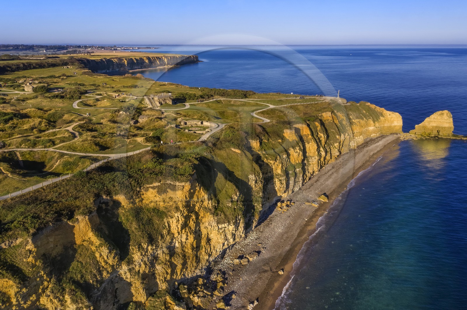 France, Calvados, Cricqueville en Bessin, Pointe du Hoc, ruins of German fortifications and bomb holes made by the Normandy landings of June 6 1944 during the Second World War (aerial view)