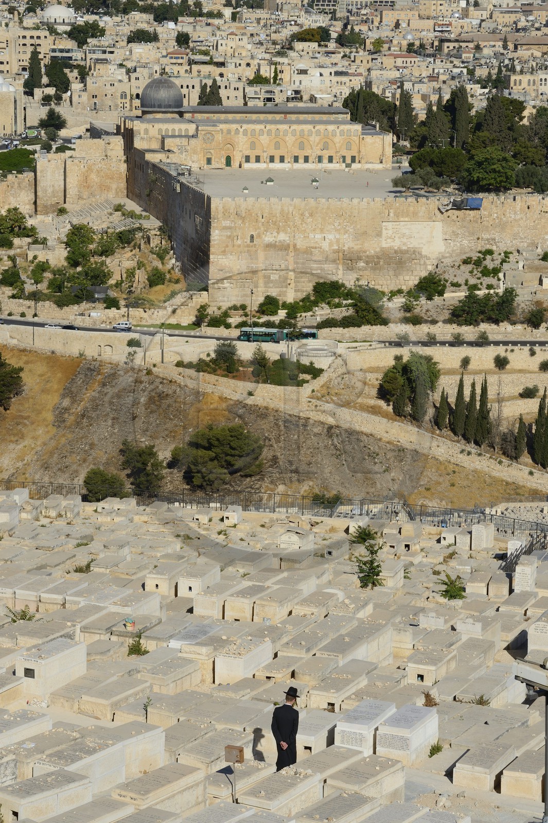Israel, Jérusalem, ville sainte, vieille-ville classée Patrimoine Mondial de l'UNESCO,  la mosquée El Aqsa sur l'esplanade des Mosquées (Haram el-Sharif) et le cimetière juif sur le Mont des Oliviers