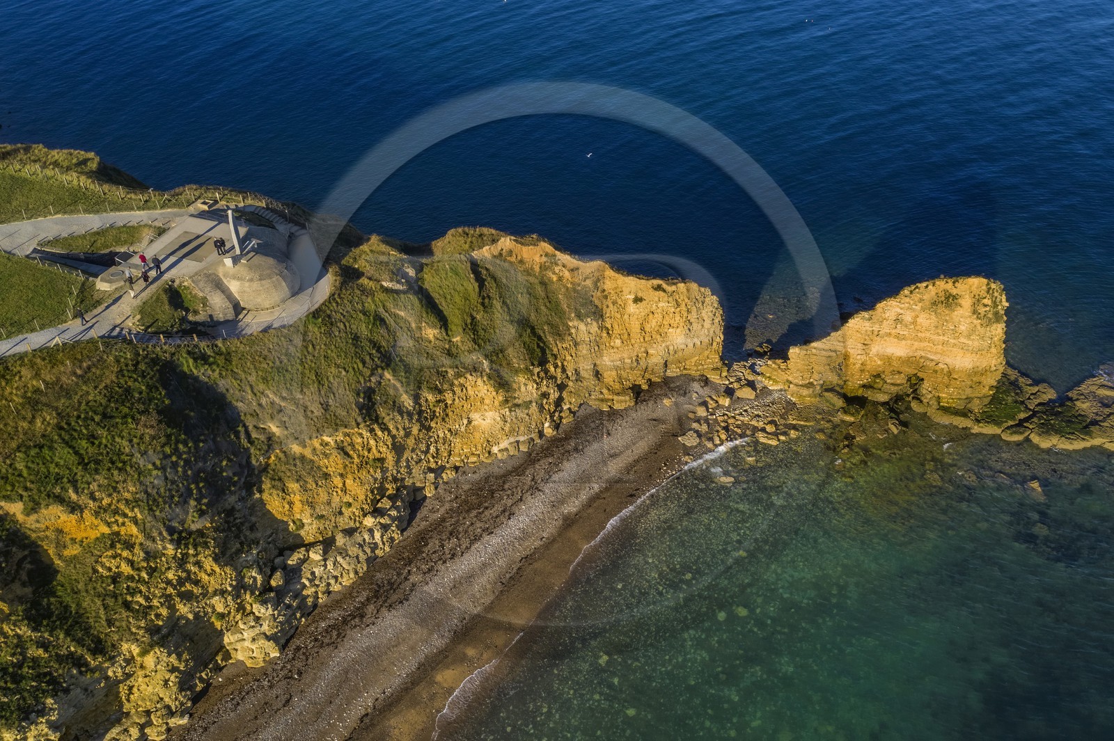 France, Calvados, Cricqueville en Bessin, Pointe du Hoc, german fortifications of the Atlantic wall, former german battery observation and firing station, monument in honor of the sacrifice of American troops and one of the places of commemoration of the landing (aerial view)