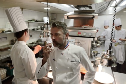 France, Rhone, Lyon, restaurant La Mère Brazier founded in 1921 by Eugenie Brazier, Mathieu Viannay two Michelin stars Chef and his kitchen brigade