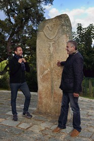 France, Corse du Sud, prehistoric site of Filitosa, menhir statue called Filitosa V representing armed characters, the 2 Daniel son and grand-son of the finder Charles-Antoine Cesari