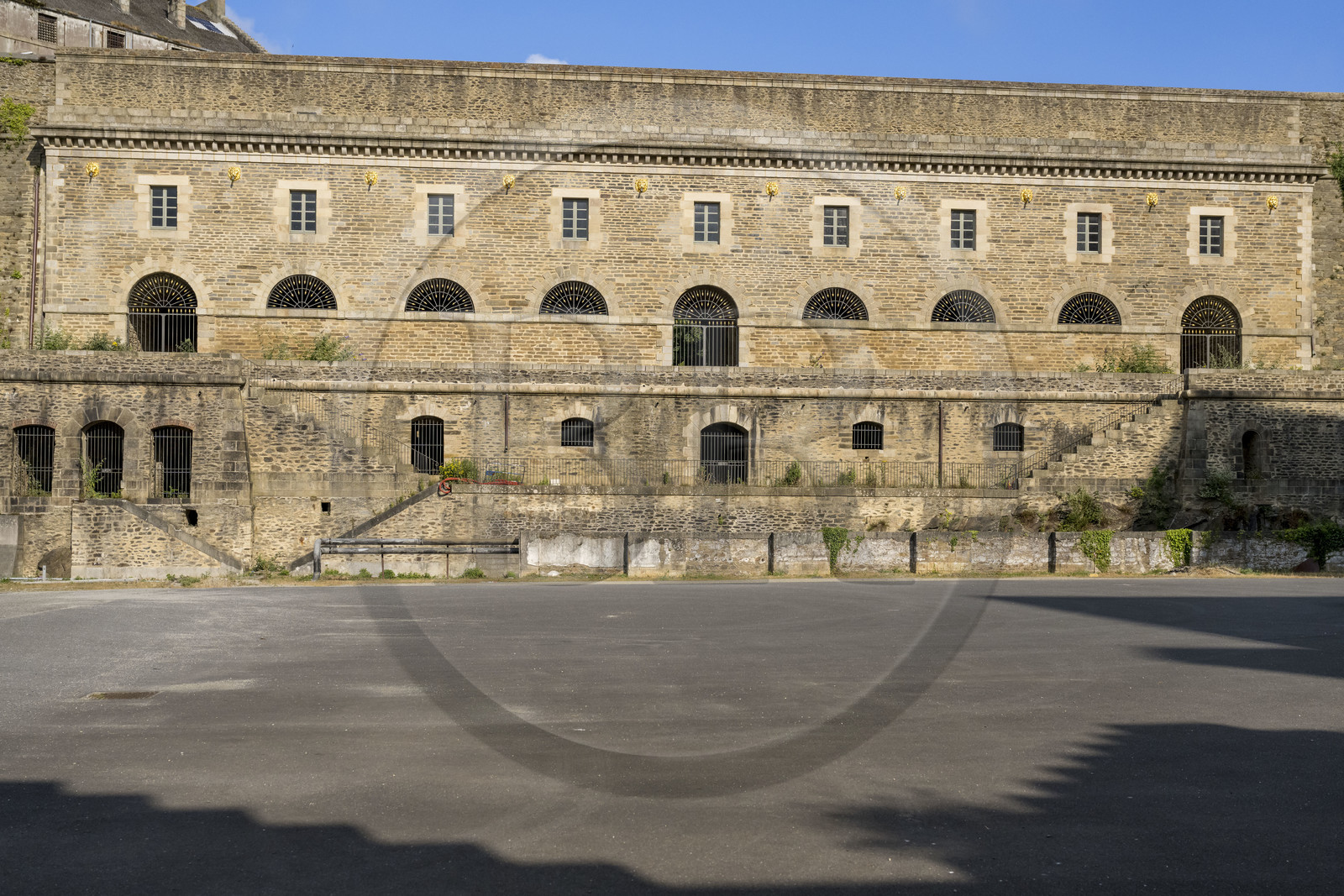 France, Finistère, Brest, the arsenal, the military port is a naval base of the French Navy, the Lions building in Pontaniou cove, a four-level dike bridge