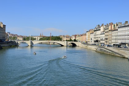 France, Rhone, Lyon, historical site listed as World Heritage by UNESCO, Vieux Lyon (Old Town), Saint George district, the Bonaparte bridge over the Saone