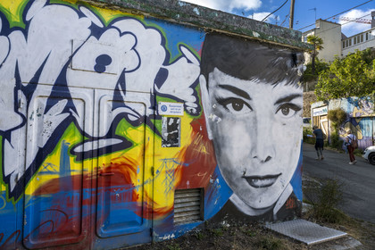 France, Finistère, Brest, Saint Malo in the Pontaniou valley below the Capucins plateau in the Recouvrance district, street art, representation of Audrey Hepburn
